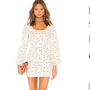 Revolve LPA Dress Send Nudes Floral Print White Linen Puff Sleeve Mini Dress XL